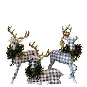 Mark Roberts Plaid Christmas Reindeer Gold Antlers 3pc 13in Holiday Decor NEW